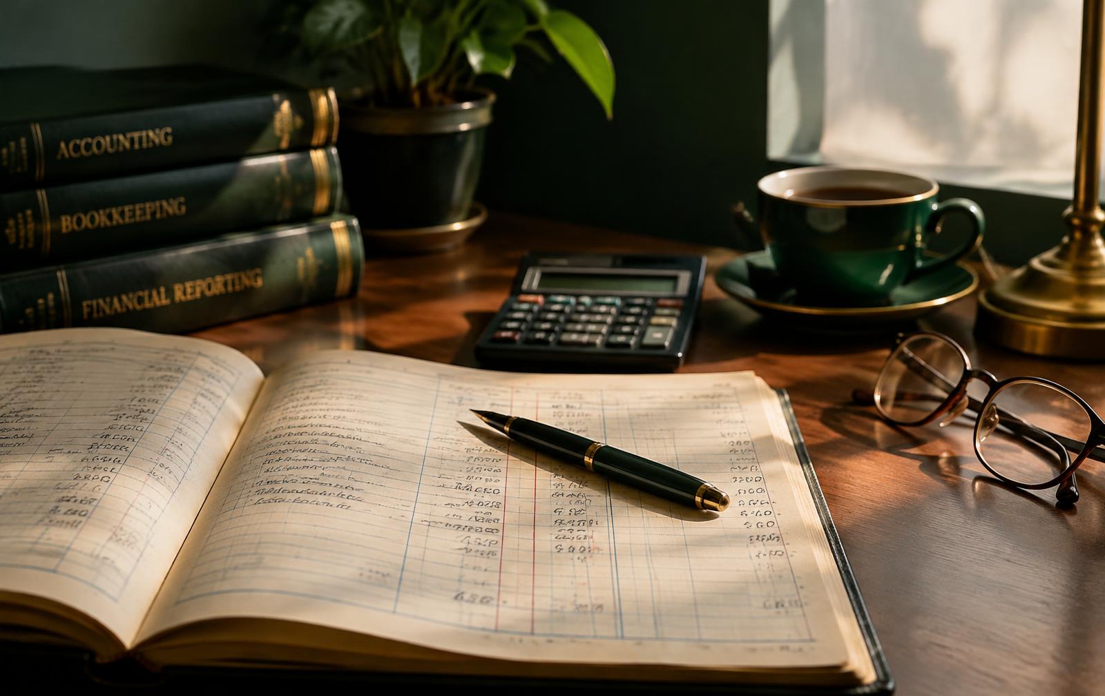 Accounting ledger, pen and calculator on a desk